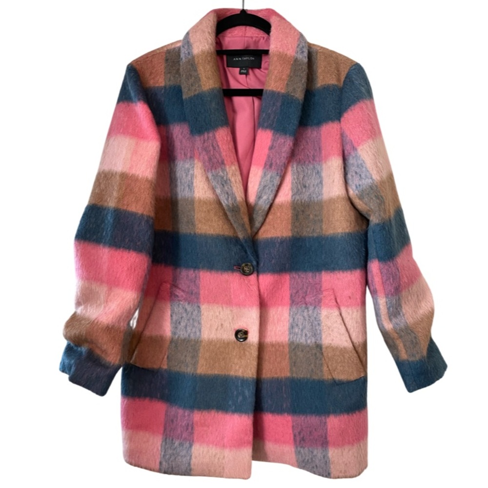 Ann Taylor Small Checked Boucle Cocoon Coat In Pink Multi